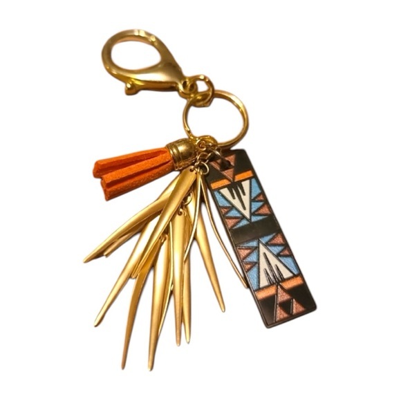 Hand Crafted Accessories - Bag Charm Keychain Geometric Tribal pattern  Gold and Orange NEW